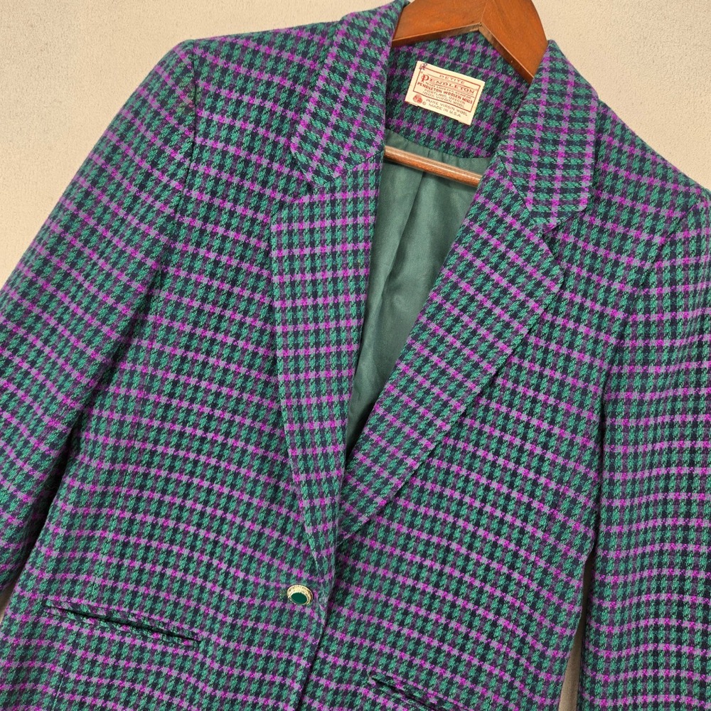 Vintage Womens Pendleton Petite 6 Blazer 100% V. Wool Green Purple Plaid USA